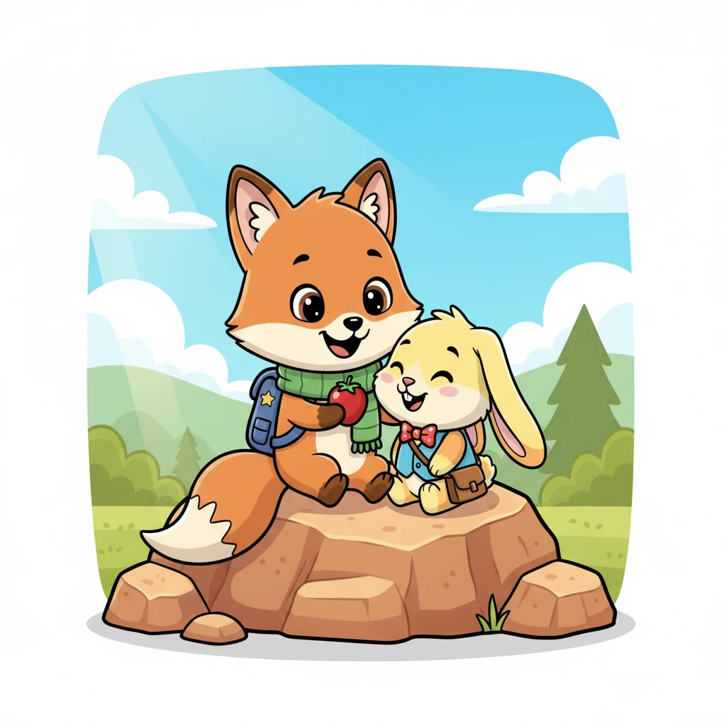 Later, they sat together on a warm, sun-drenched rock, sharing a juicy berry Foxy had found. Pip leaned comfortably against Foxy’s soft fur, feeling warm and safe. Foxy realized he wasn't lonely anymore, and a wonderful feeling of friendship bloomed in his chest.