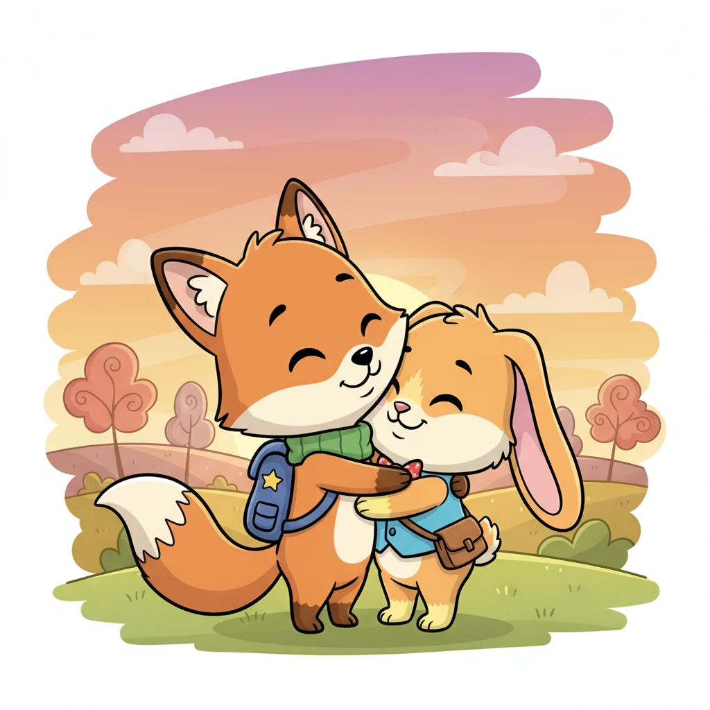 As the sun began to dip below the horizon, painting the sky in shades of orange and pink, Foxy and Pip knew it was time to say goodbye. They hugged tightly, promising to meet again tomorrow for more adventures. Saying goodbye was a little sad, but knowing they had each other made it sweet.