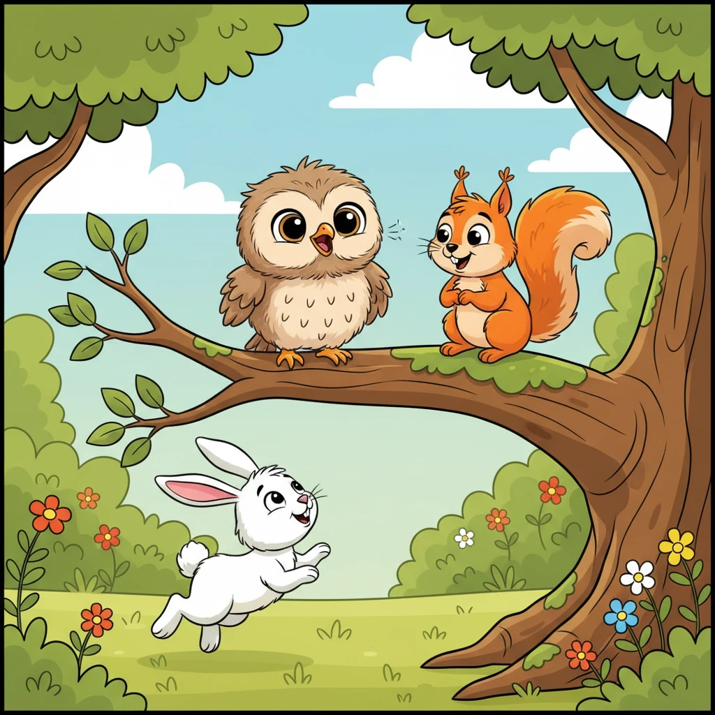 Pipo, un pequeño búho con ojos grandes y brillantes, se sentaba en una rama gruesa. Intentaba hacer un "hooo" grande y fuerte, pero solo salía un pequeño chirrido. Su amigo, una ardilla juguetona, y un conejito saltarín lo miraban con expresiones de apoyo.