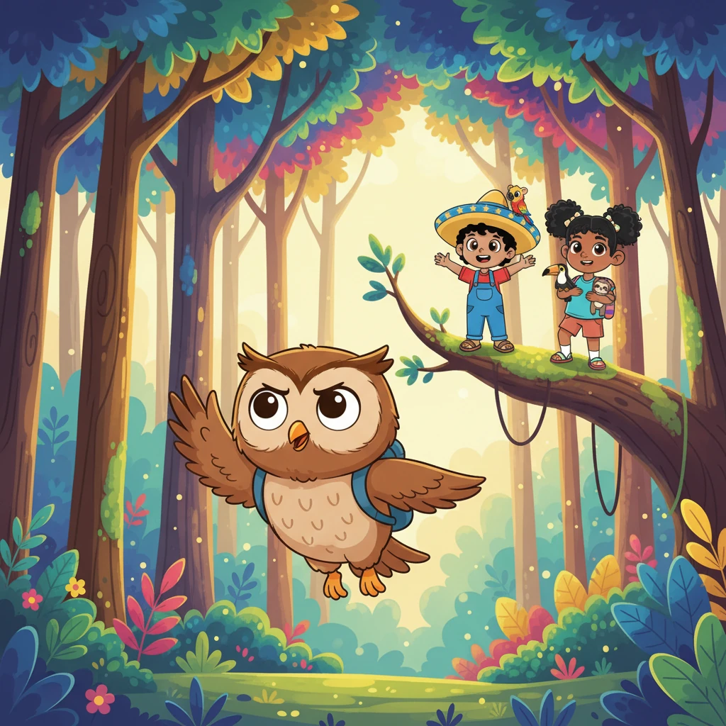 Decidido a encontrar su "gran hoot", Pipo se despidió de sus amigos con un ala. Emprendió un viaje valiente, volando a través de los árboles altos y coloridos del bosque. El sol brillaba alegremente entre las hojas.