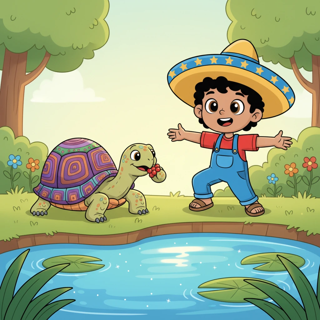 Pipo aterrizó cerca de un estanque brillante, donde una sabia tortuga, con un caparazón de colores vivos, masticaba bayas lentamente. Pipo le preguntó a la tortuga cómo podía encontrar su voz única y fuerte. La tortuga sonrió con calma.