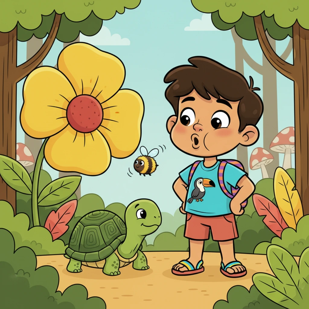 La tortuga sugirió a Pipo que escuchara los sonidos del bosque. Pipo intentó imitar el zumbido de una abeja que revoloteaba cerca de una flor gigante, inflando sus mejillas con esfuerzo. Su intento fue divertido pero no sonó como un búho.