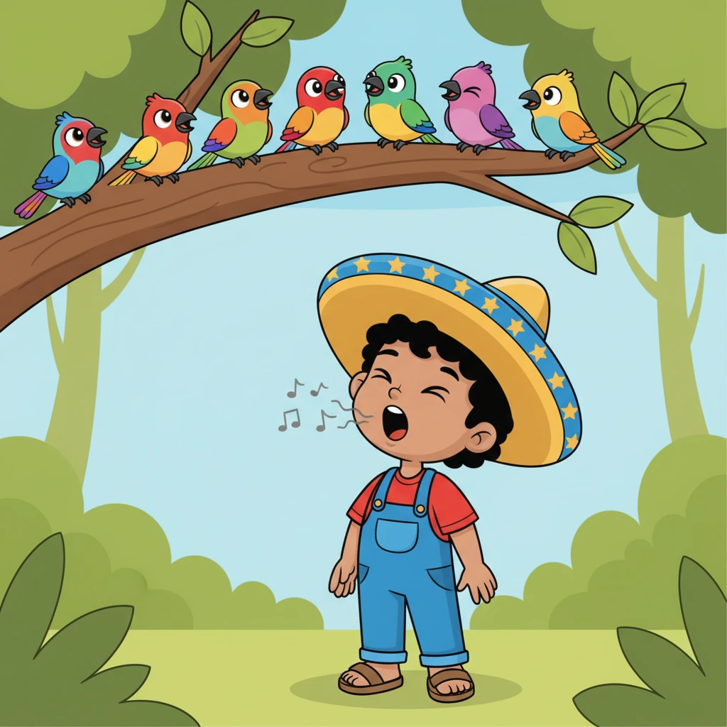 Más adelante, Pipo encontró un grupo de pájaros cantores, con plumas de todos los colores del arcoíris, posados en una rama. Intentó cantar con ellos, abriendo su pequeño pico, pero sus notas eran temblorosas y desafinadas. Los pájaros lo miraron con curiosidad.