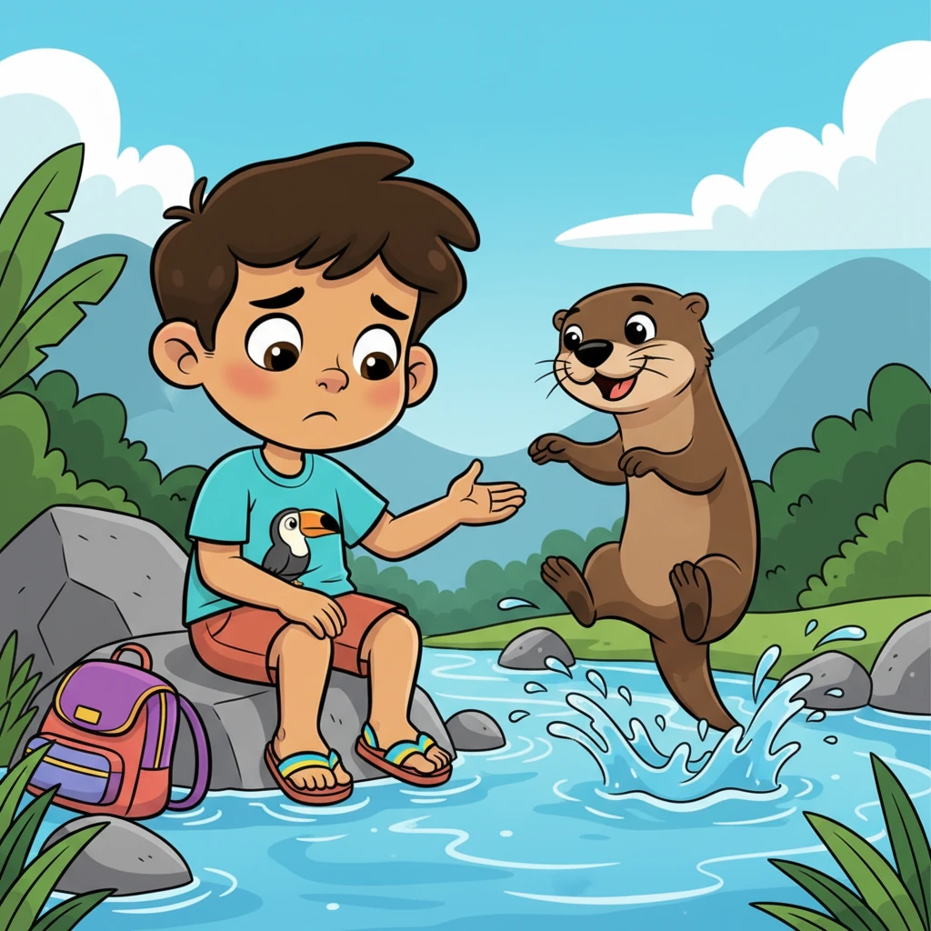 Un poco desanimado, Pipo se sentó junto a un arroyo cristalino, donde el agua burbujeaba suavemente. De repente, una nutria juguetona chapoteó y saltó, animando a Pipo a no rendirse y a seguir intentándolo con alegría.