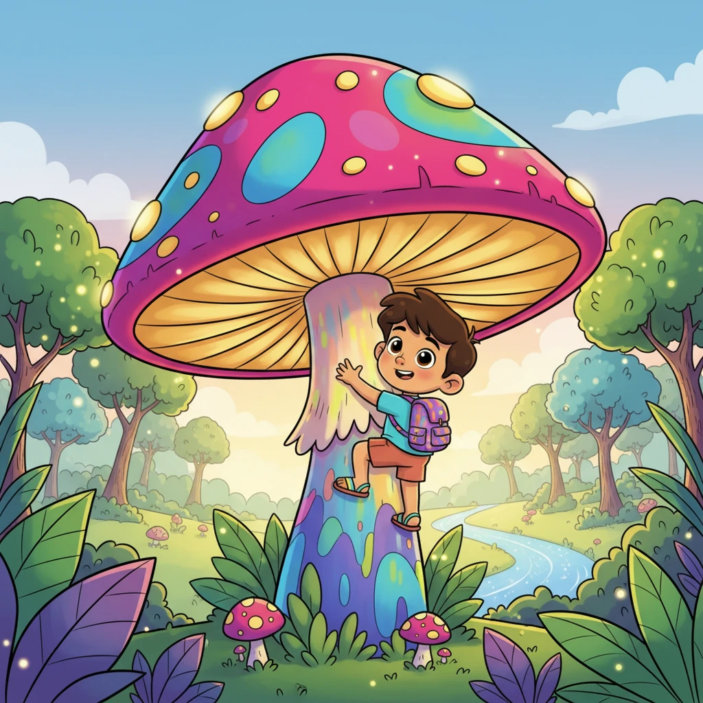 Inspirado, Pipo escaló un hongo gigante y vibrante de colores brillantes, que se alzaba sobre el suelo del bosque. Desde la cima, vio todo el bosque extendiéndose ante él, y una chispa de determinación brilló en sus ojos.