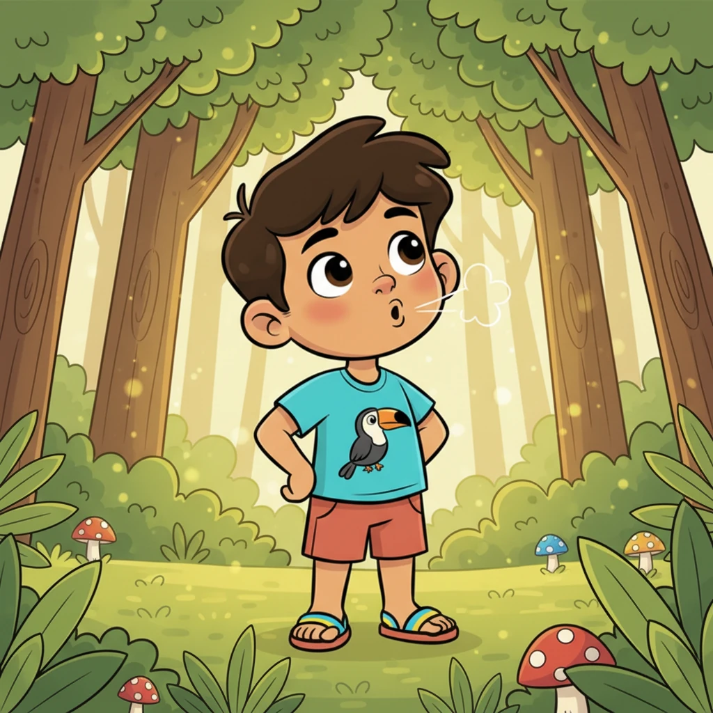 Tomó una respiración profunda, llenando su pequeño pecho. Luego, dejó escapar un "¡Hoo!" pequeño pero claro, que resonó suavemente entre los árboles. Era un sonido suyo, y una pequeña sonrisa apareció en su rostro.