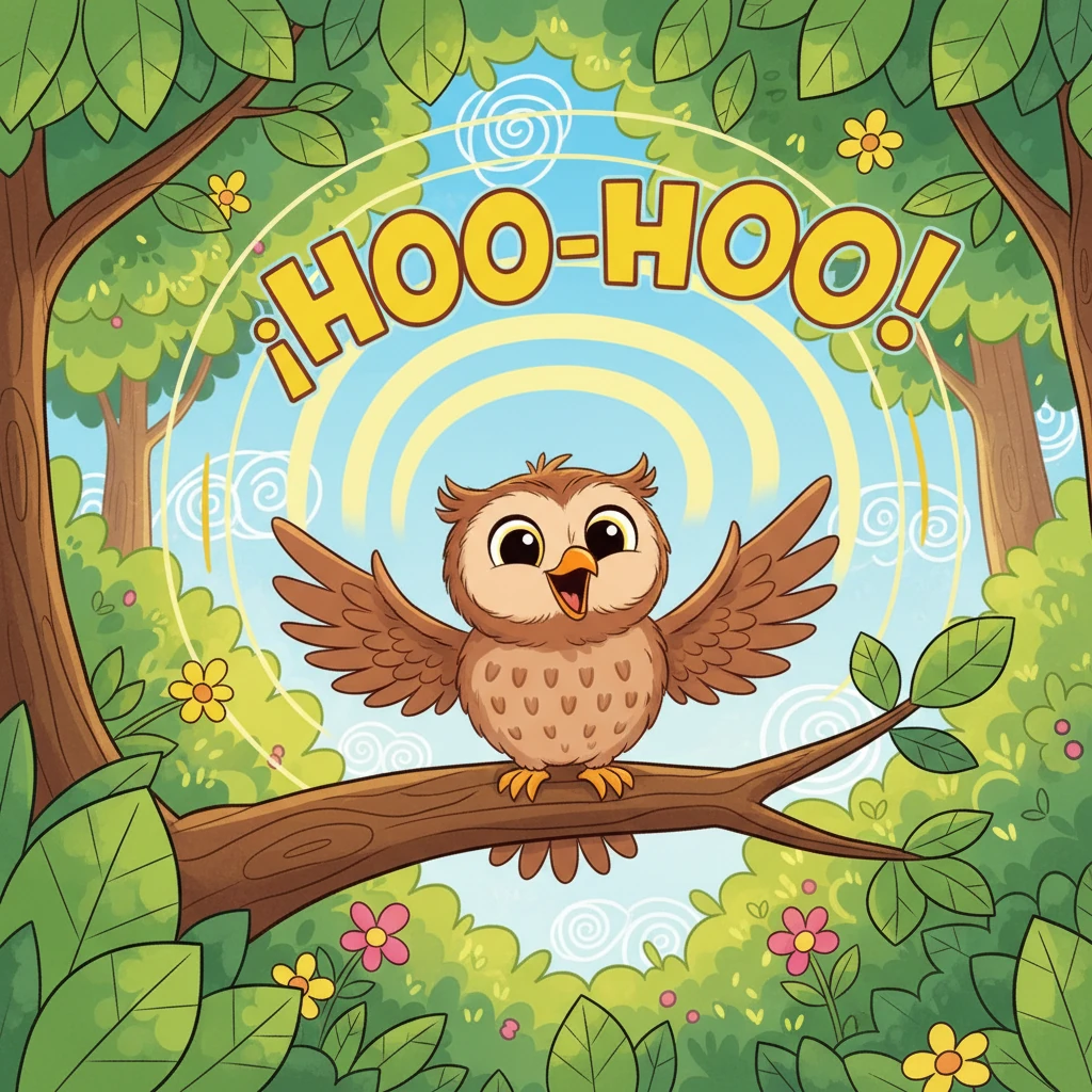 Con el corazón lleno de alegría, Pipo se irguió en la rama y, con toda su fuerza, soltó un magnífico y resonante "¡HOO-HOO!" que llenó todo el bosque. Había encontrado su propia y maravillosa voz, y sonrió ampliamente.
