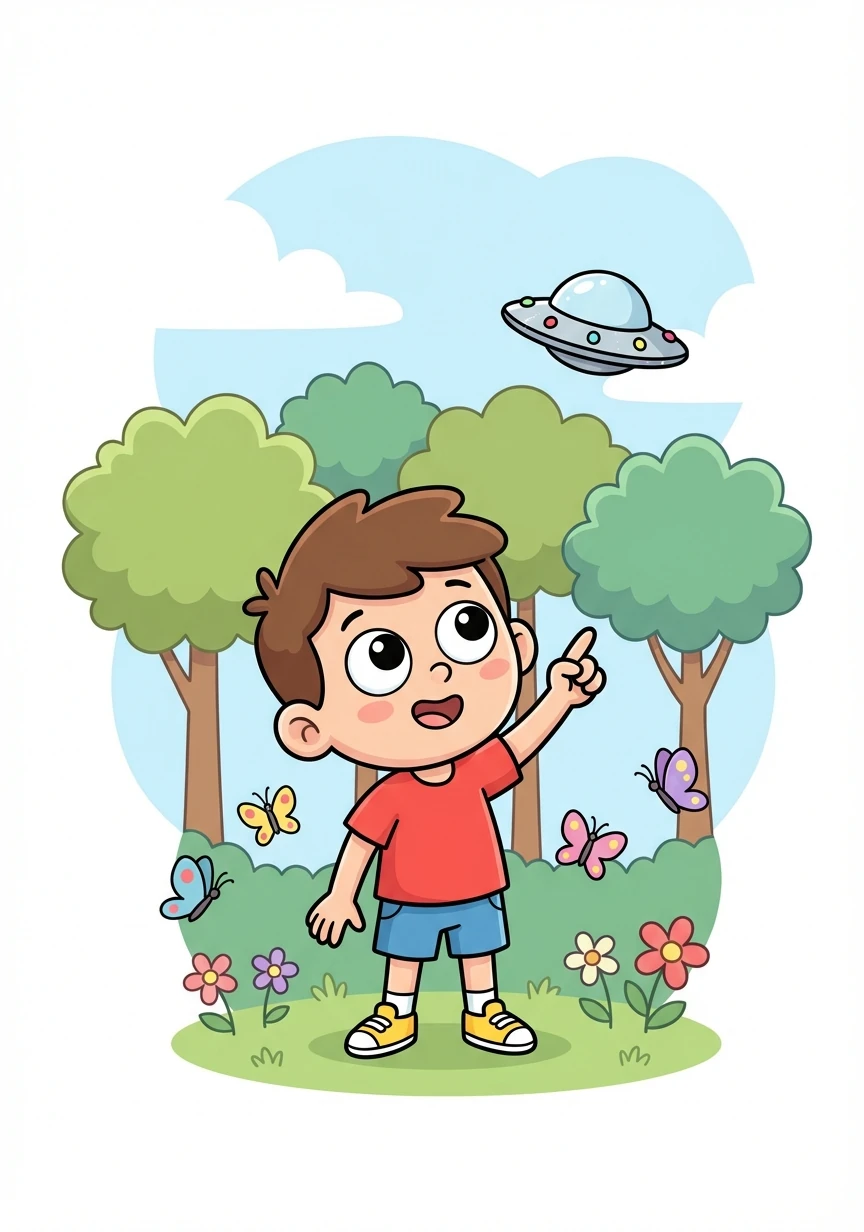 Timmy was playing in his backyard, chasing butterflies, when he noticed something strange in the sky. It was a shiny, silver disc hovering silently above the trees.