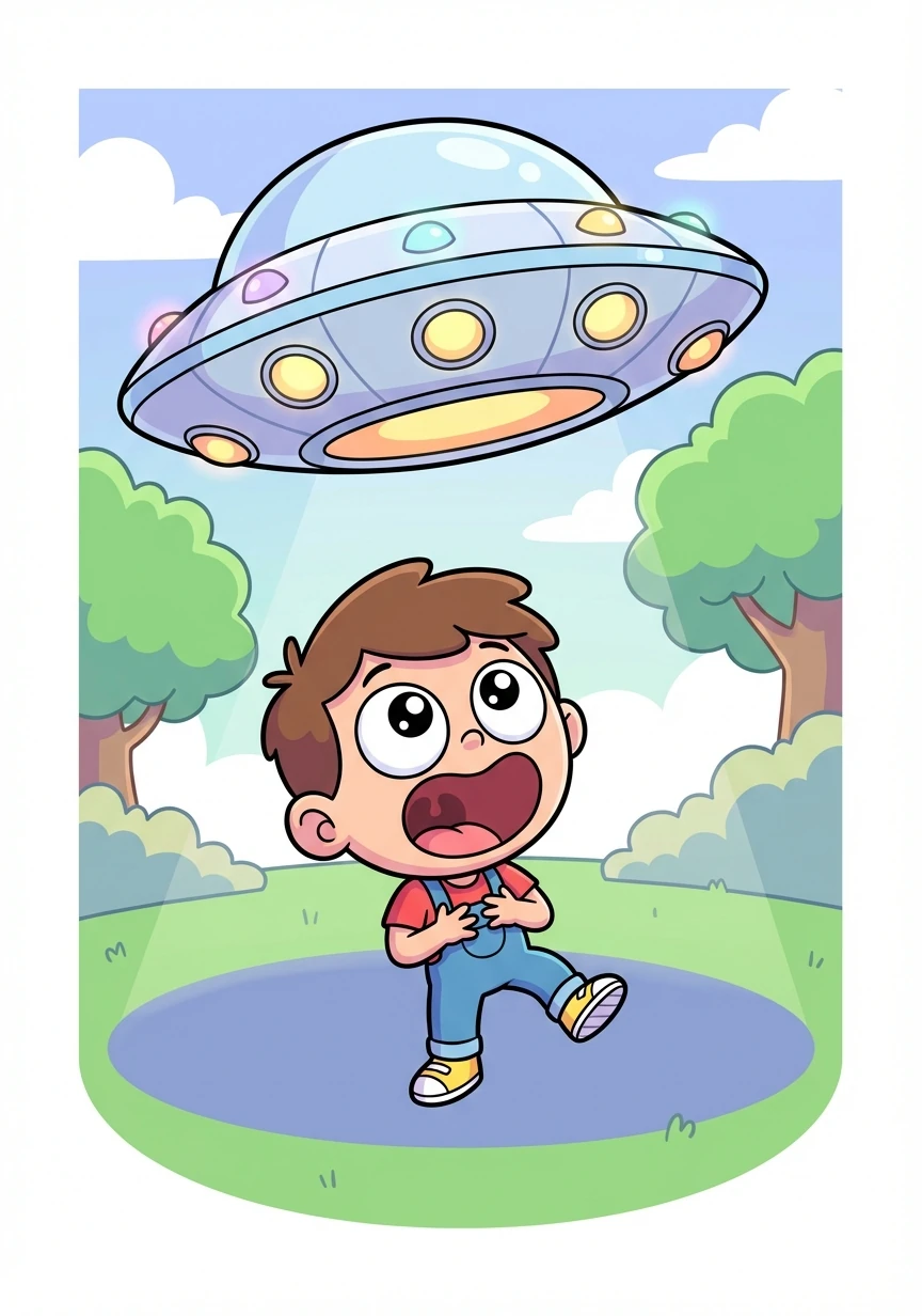 He stopped, his eyes wide with amazement, and stared at the flying saucer. It slowly descended, casting a large shadow over his yard.