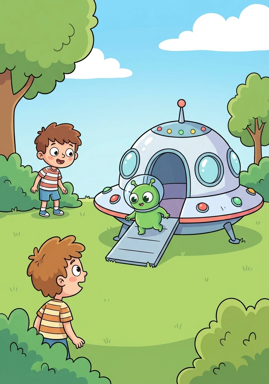 The saucer landed gently in the middle of his lawn, and a ramp extended to the ground. A small, green alien cautiously walked down the ramp.