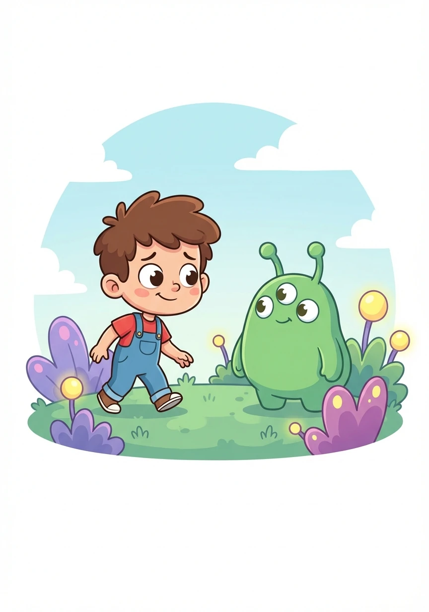 Timmy, though a little scared, was also very curious. He took a deep breath and bravely approached the alien.