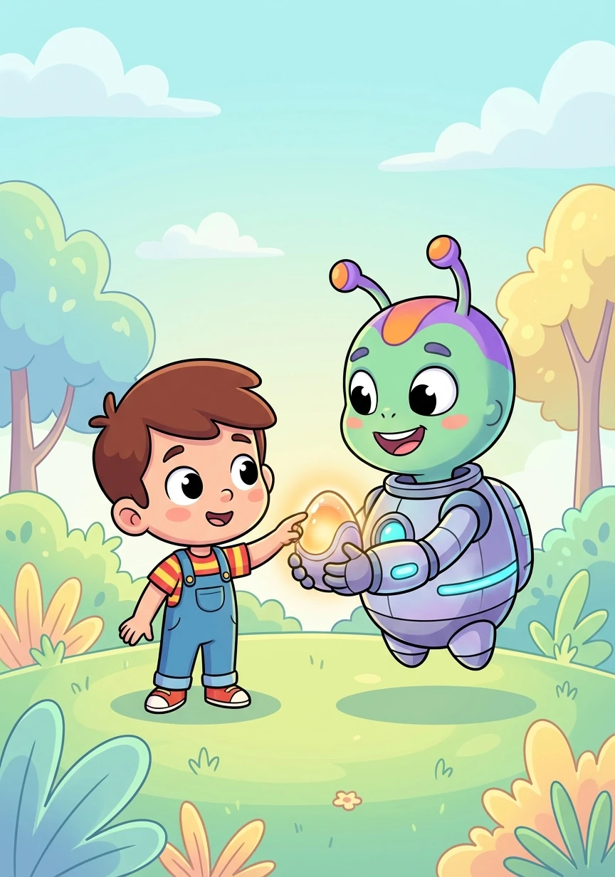 The alien smiled, a friendly gesture, and held out a small, glowing device. Timmy reached out and touched it.