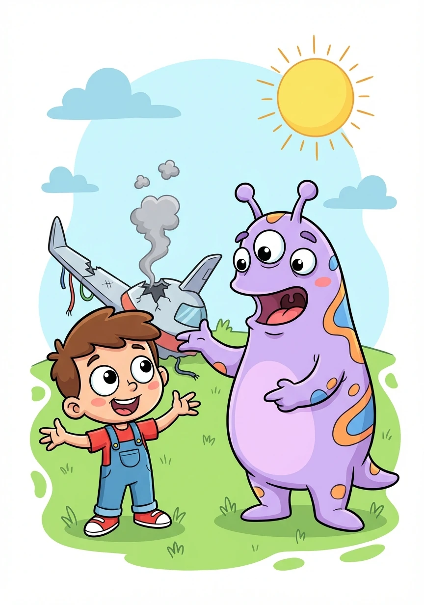 Suddenly, Timmy understood the alien's language! The alien explained that his ship had broken down and he needed help.