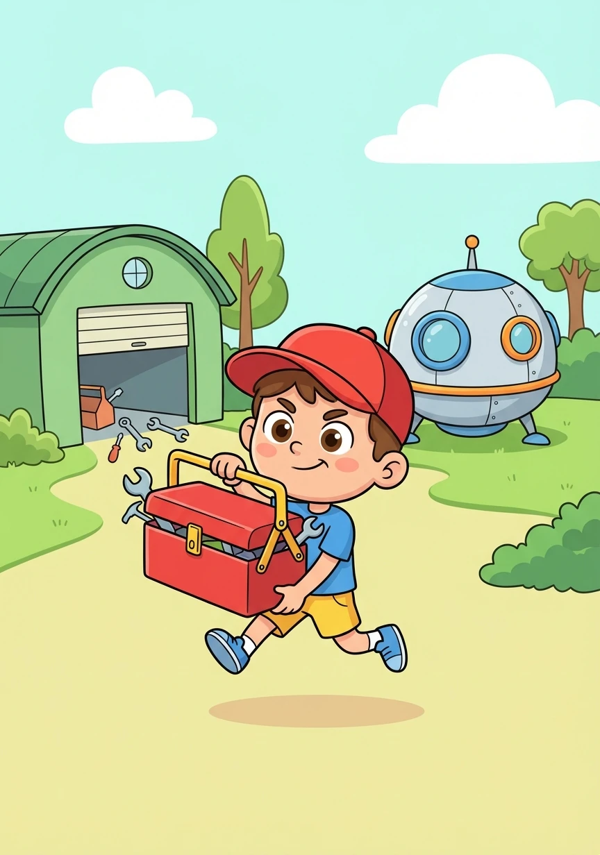 Timmy, being a resourceful young boy, ran to his garage and grabbed his toolbox. He returned to the ship, ready to assist.