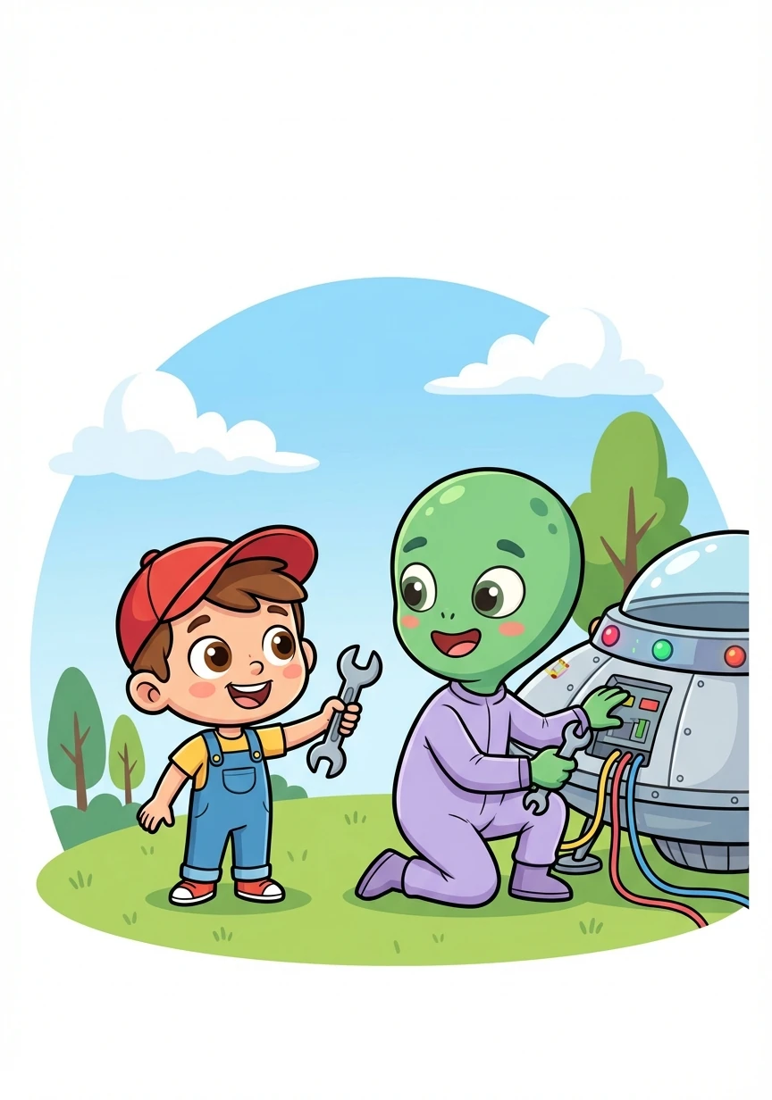 Together, Timmy and the alien worked on the ship, Timmy handing over tools and the alien explaining what to do. They became fast friends.