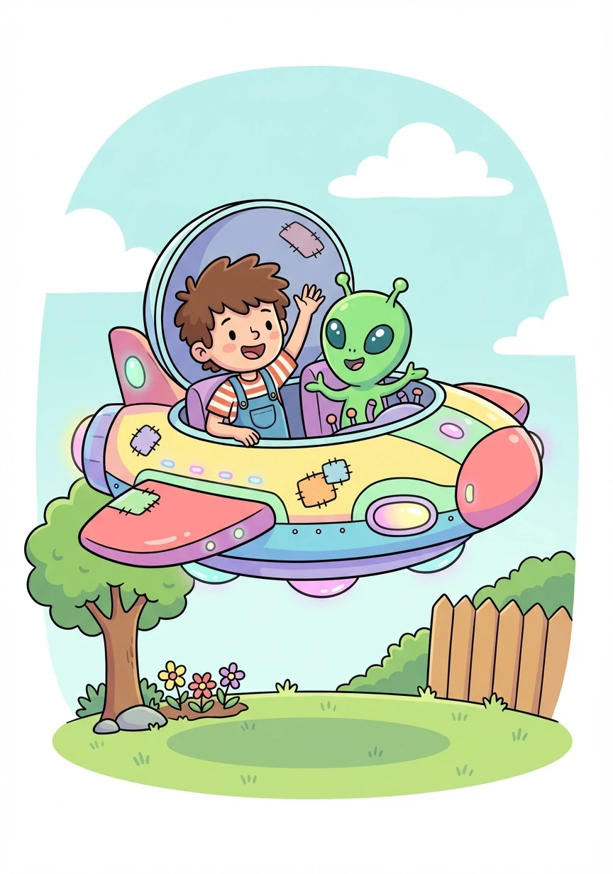 Finally, after a few hours, the ship was fixed! The alien thanked Timmy profusely and offered him a ride around the yard.