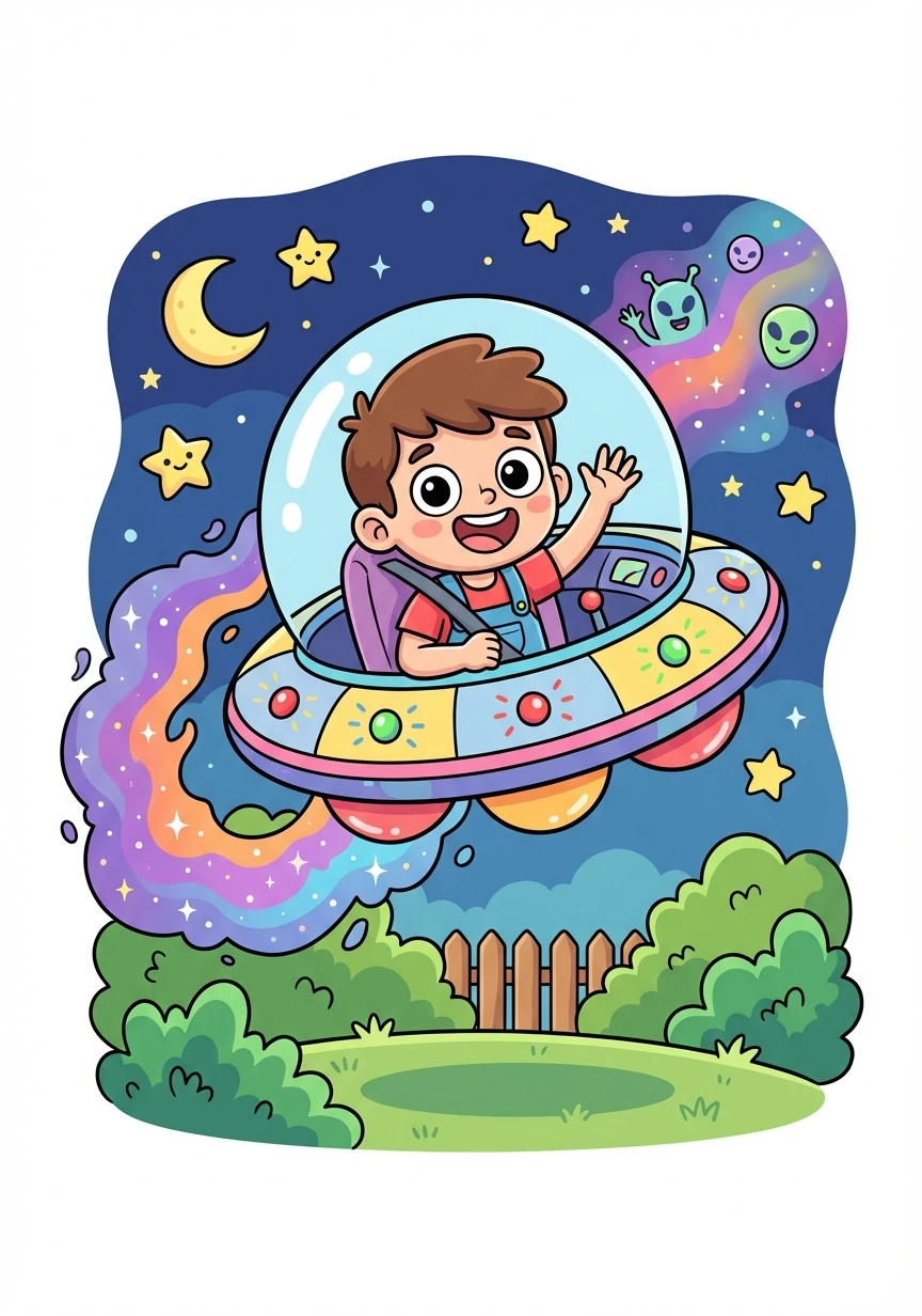 Timmy strapped himself in, and the flying saucer zoomed around his backyard before blasting off into space, leaving Timmy with an unforgettable memory and a new friend among the stars.