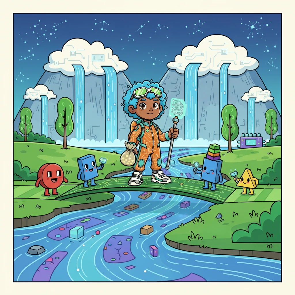 Byte set off on his adventure, carrying the precious seeds. He journeyed through the Cloud Mountains and across the Data Streams. Along the way, he met other data packets, each with unique skills and knowledge to share, ready to build the digital world.