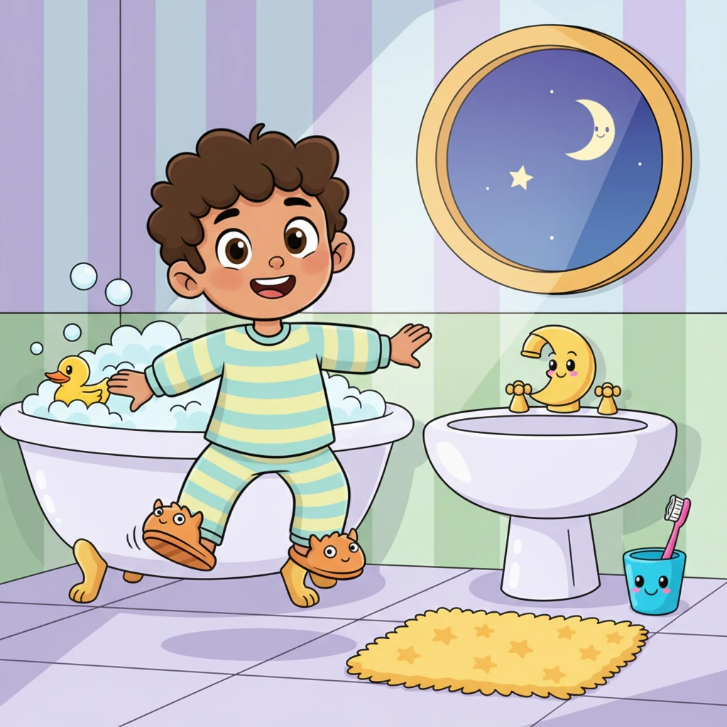 As twilight settled, Dani, a cheerful boy with a twinkle in his eye, skipped into the bathroom. He loved his special nightly routine, which always began with a calm, happy entrance. The room felt bright and welcoming, ready for his gentle preparations.