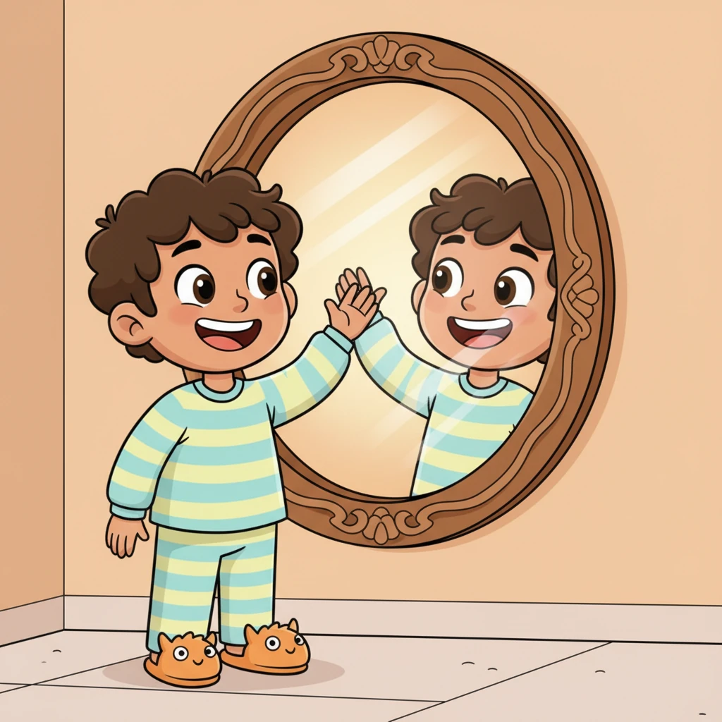 First, Dani looked into the big, shiny mirror, a friendly grin spreading across his face. His reflection, with its exaggerated, happy features, smiled back at him, ready to start the evening's adventure. He gave a little wave to his mirror twin.