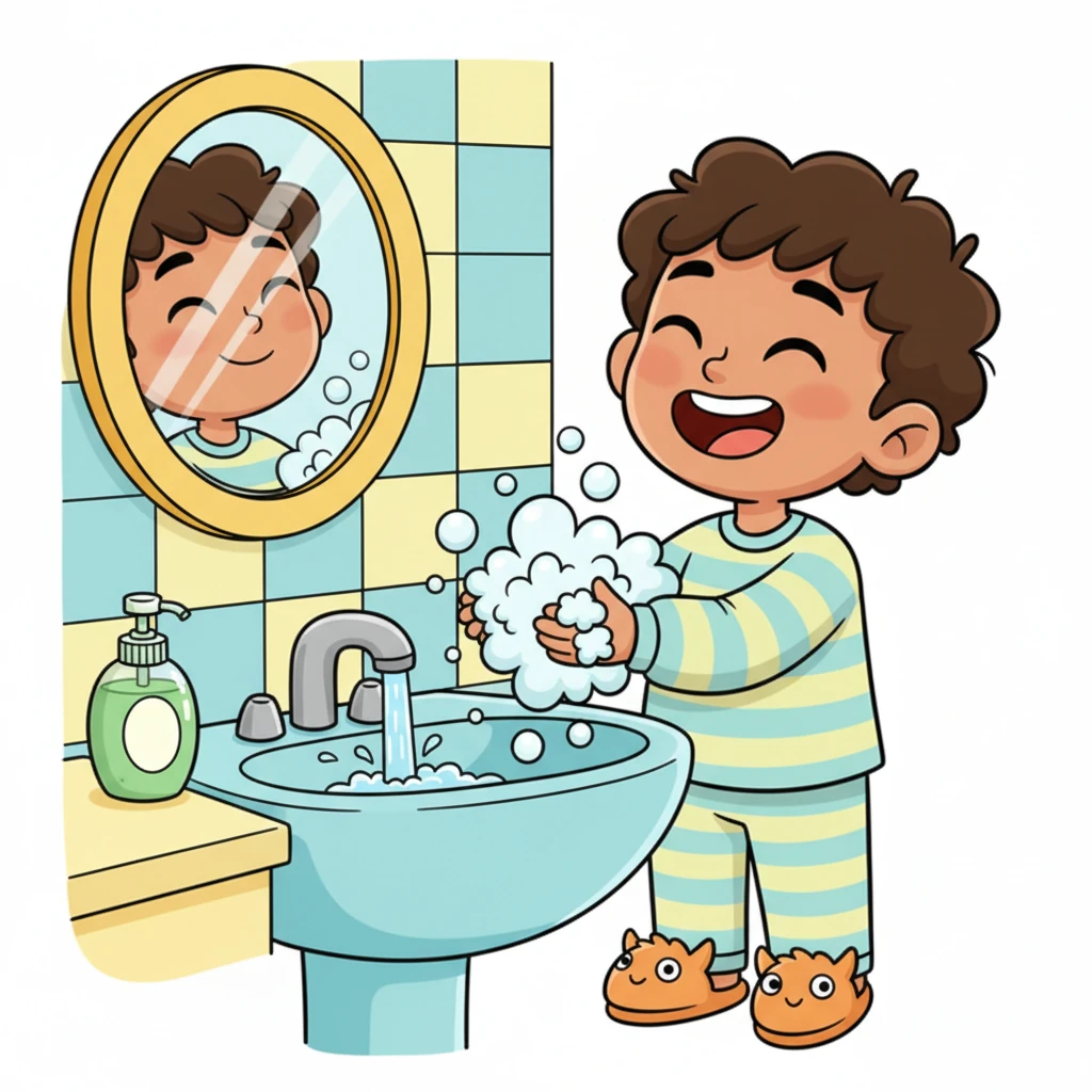 Next, he turned on the faucet at the bright blue sink, making a small splash. Dani lathered up his hands with bubbly soap, creating a cloud of foamy fun. He giggled as the soft bubbles tickled his fingers.