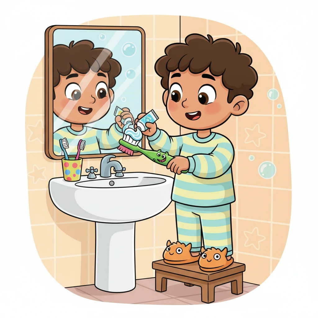 With clean hands, Dani reached for his favorite toothbrush, a bright green one with a friendly little monster on the handle. He carefully squeezed a swirl of sparkly toothpaste onto its bristles. It was almost time for the big scrub!