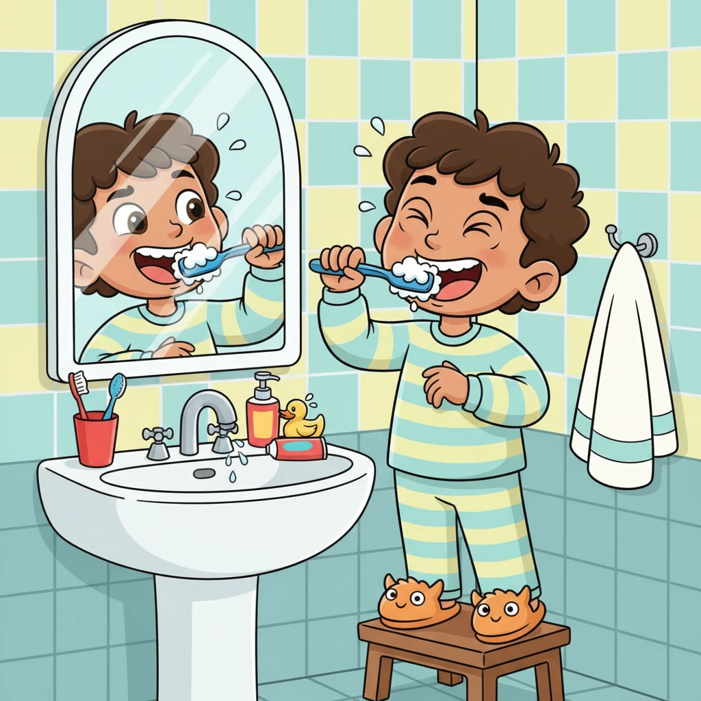 Dani vigorously brushed his teeth, making funny, exaggerated faces in the mirror as he worked. He hummed a little tune, ensuring every tooth was sparkling clean. His reflection mimicked his silly expressions, making him giggle.