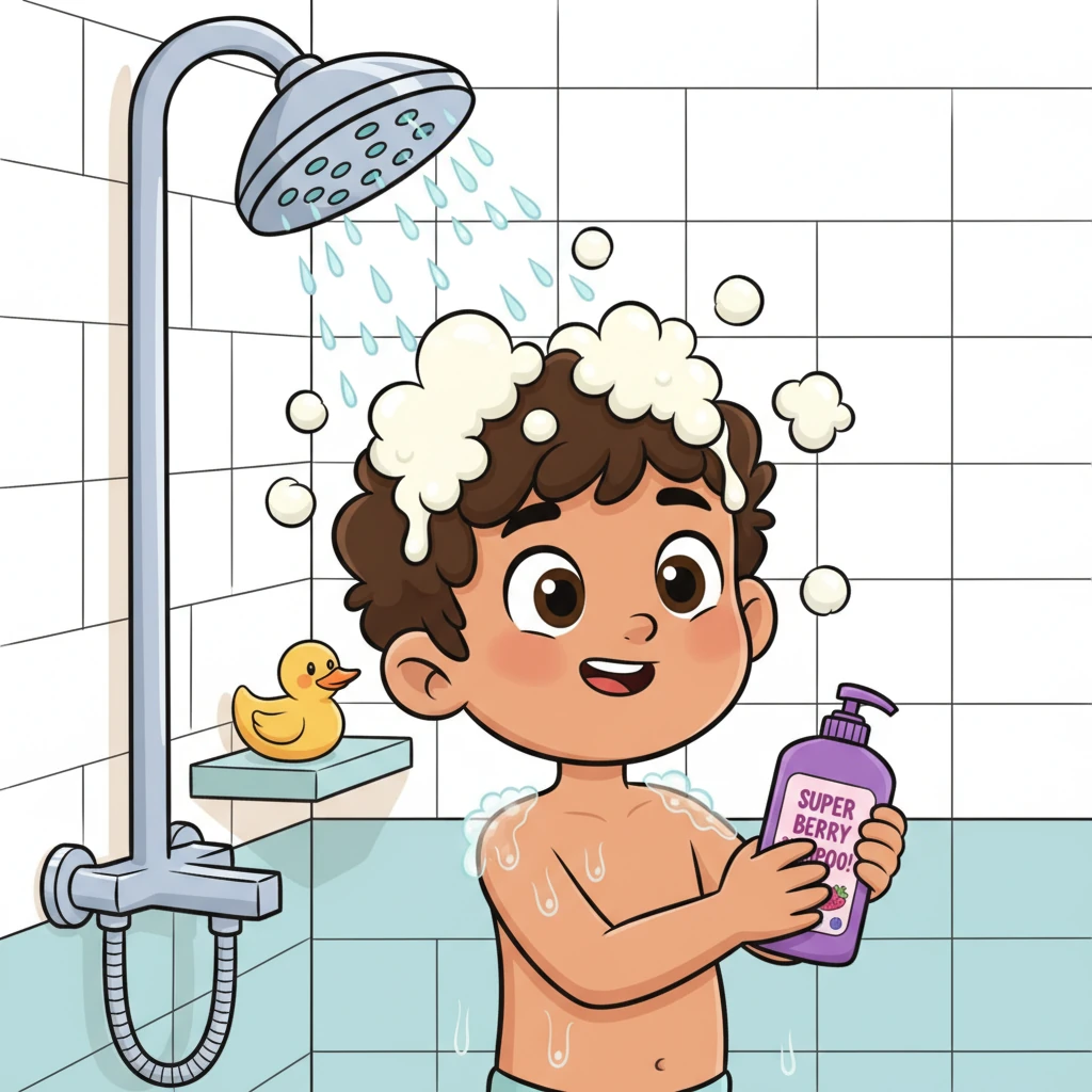 Then, it was time for a refreshing shower! Dani stepped under the warm, gentle spray, feeling the water wash over him. He grabbed his favorite fruity shampoo, ready to make his hair extra bubbly and soft.