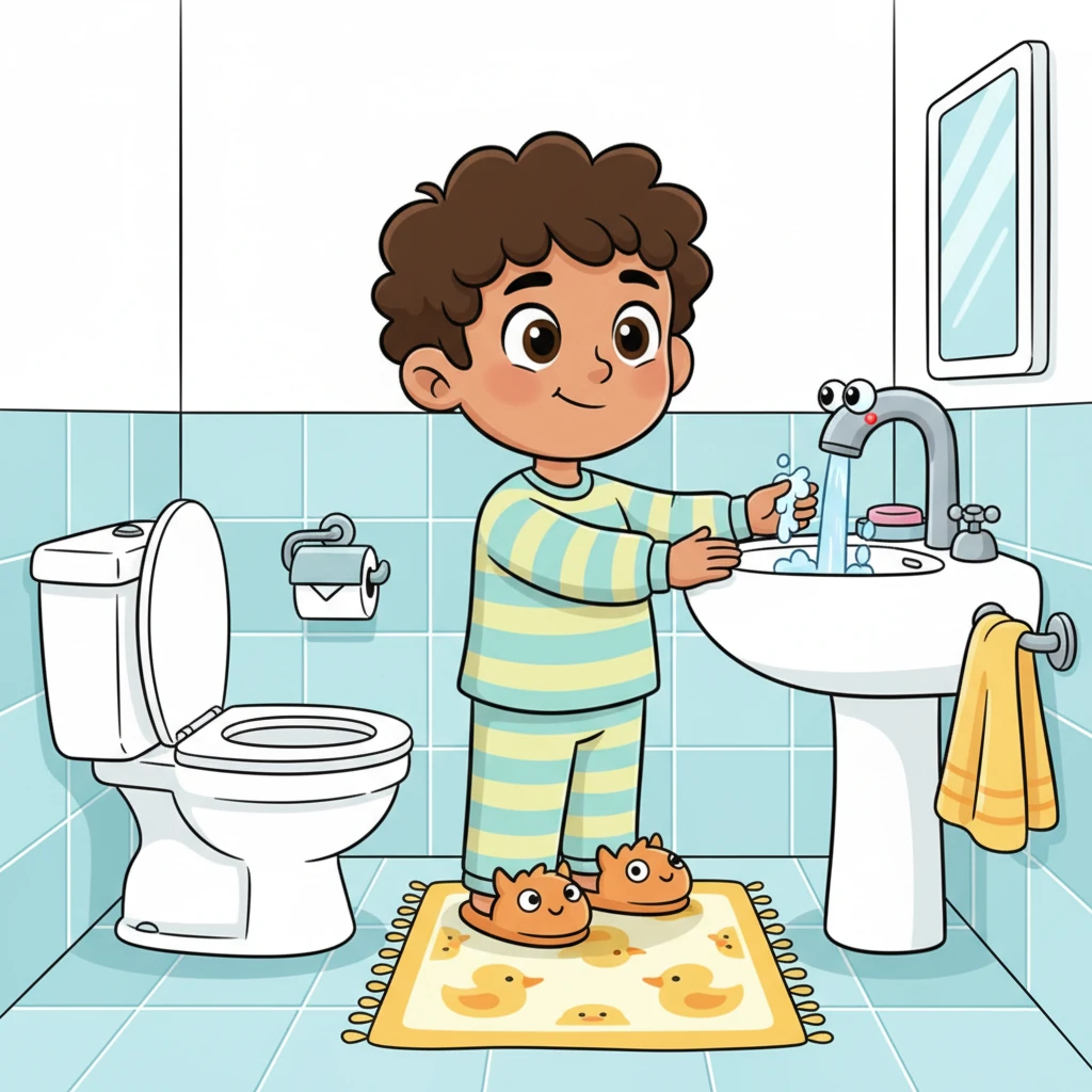 Before his routine was complete, Dani made a quick stop at the toilet, ensuring everything was neat and tidy. He always remembered to flush and wash his hands one last time, being a responsible little helper.