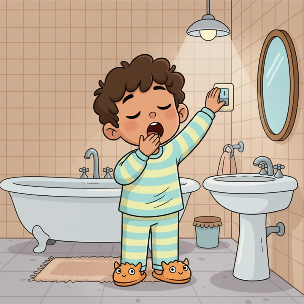 Finally, feeling wonderfully clean and cozy, Dani reached up to turn off the bathroom light. He gave a sleepy yawn, ready for bed and sweet dreams. His nightly ritual always left him feeling perfectly prepared for a peaceful night's sleep.