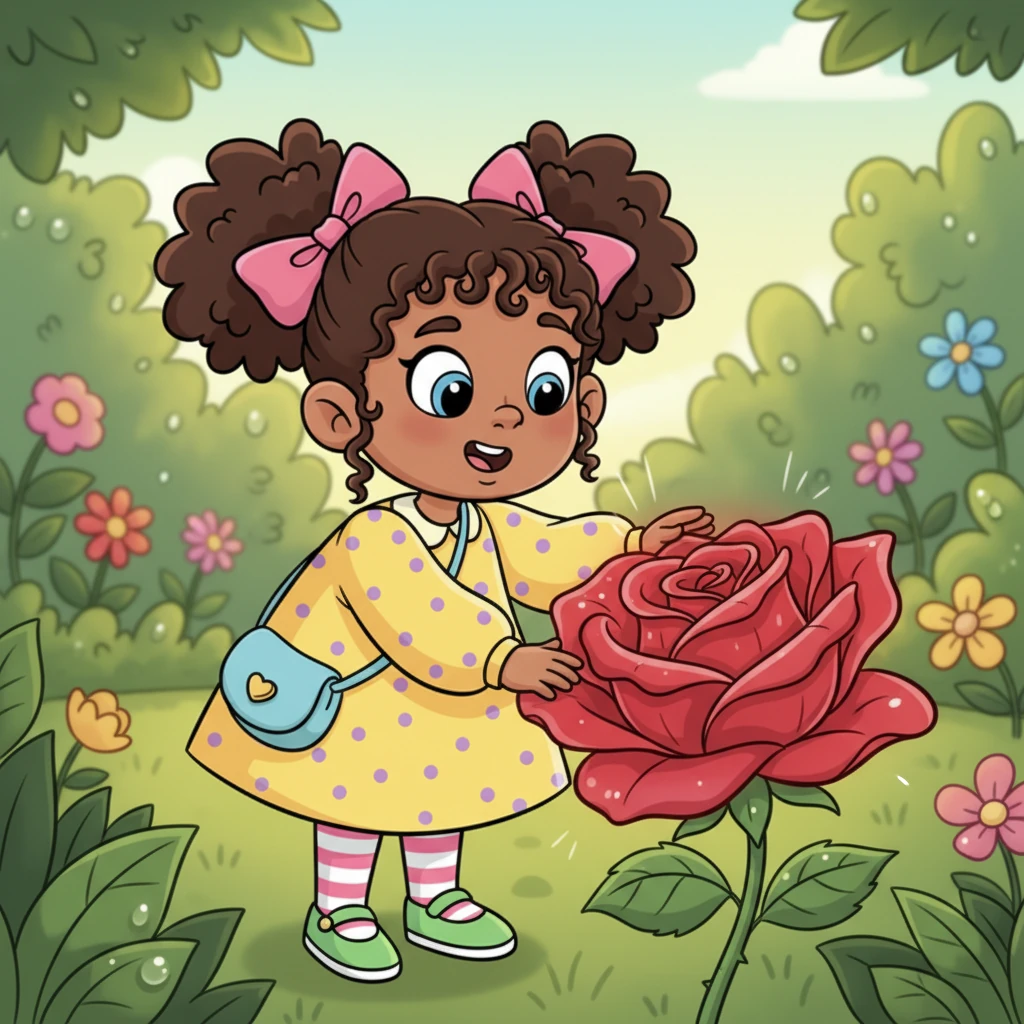 Lily, a curious little girl with bright, wide eyes and a sunny yellow dress, was exploring her grandmother's sprawling garden. Tucked away amongst emerald green leaves and dewdrops, she spotted a magnificent, velvety red rose, slightly larger than the others, with petals that shimmered. To her astonishment, a tiny, friendly voice whispered, "Hello there, little explorer!"