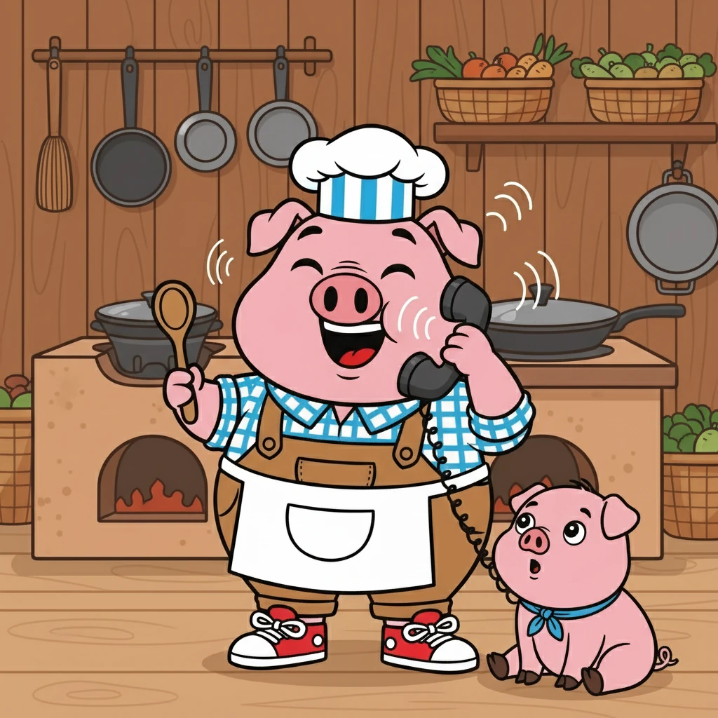 卢卡兴奋地拿起电话，对着话筒大喊：“喂，家人们，快来吃晚餐！我抓到了一头肥嘟嘟的小猪！” 电话那头传来了兴奋的回应。卢卡挂了电话，得意地对波利说：“从今天起，你得好好吃饭长肉，这样我的家人来了才能饱餐一顿！”