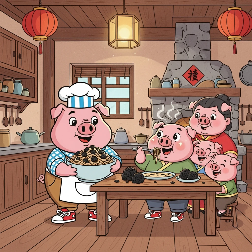 波利在森林里找到了珍贵的黑松露，用它们做了一盘香喷喷的意大利面。卢卡尝了一口，眼睛立刻亮了，连连夸赞。从那以后，波利每天都用黑松露做各种美食，让卢卡和他的家人赞不绝口。