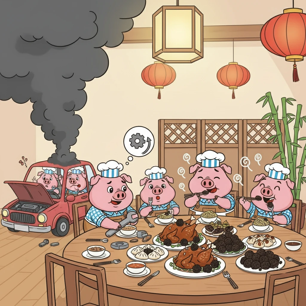 卢卡的家人终于来了，他们开着一辆冒着黑烟的小汽车。波利看到后，主动帮助修好了车。 晚餐时，大家都围着摆满黑松露美食的桌子大快朵颐，欢声笑语充满了整个房间。