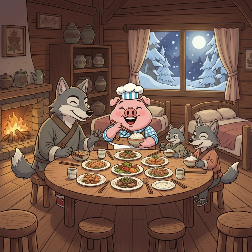 原本要被吃掉的波利，用智慧和厨艺赢得了狼一家的喜爱。他们成了最好的朋友，每天一起吃饭、玩耍，在温暖的木屋里睡觉。森林里再也没有比他们更亲密的伙伴了。