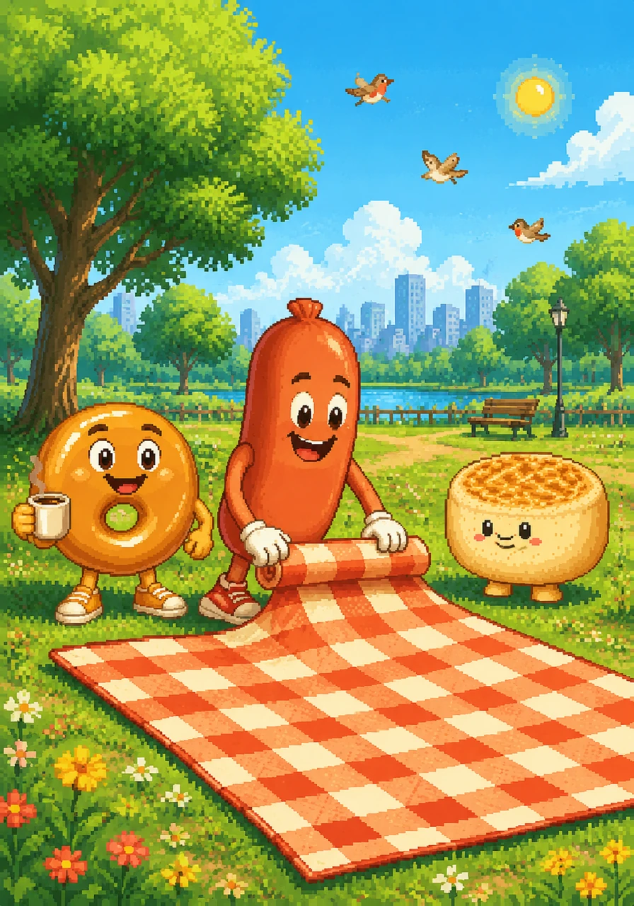 In a bustling, sun-drenched park at the edge of town, a cheerful sausage named Aussie McGee happily unrolls a bright checkered tablecloth. The birds are singing, and the air is filled with the sweet scent of summer, marking the perfect start to the grandest picnic of the year.