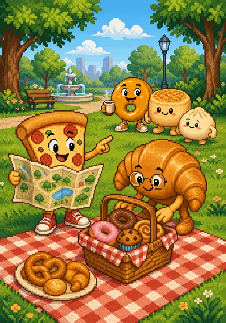 Nearby, Jimmy the energetic pizza slice waves a large, colorful map to show everyone the best spots in the park, while Gerald the wise croissant carefully arranges a basket filled with delicious pastries.