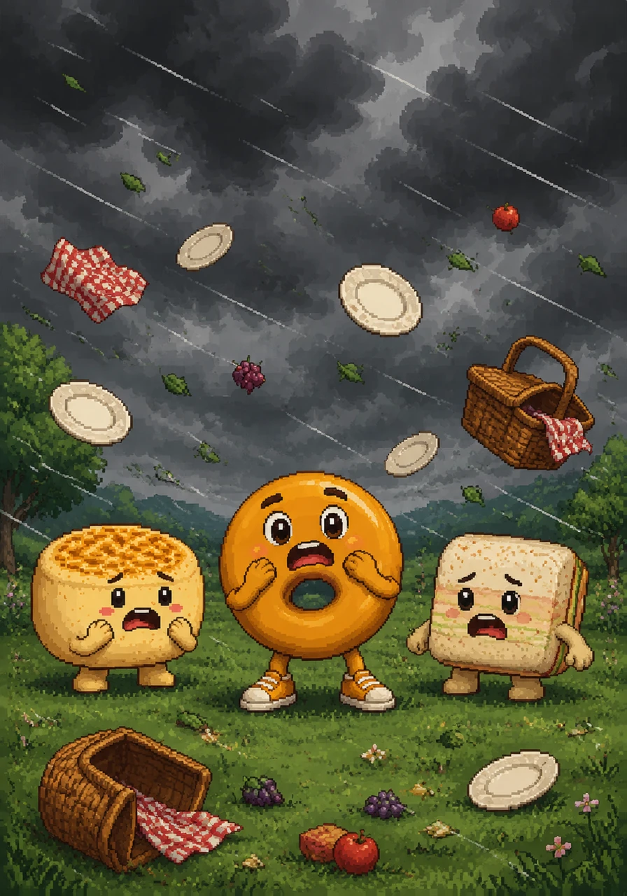 Suddenly, the bright blue sky turns a moody gray as thick, dark clouds roll over the field and a strong gust of wind sweeps across the grass. Plates begin to fly and baskets tip over, causing the little food friends to gasp in worry.