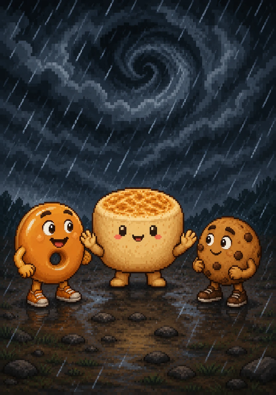 Clarence, a noble English muffin with a brave spirit, steps forward and stands tall against the howling wind. He raises his arms to calm the group, encouraging everyone to hold hands and stay close together so they do not get lost in the storm.