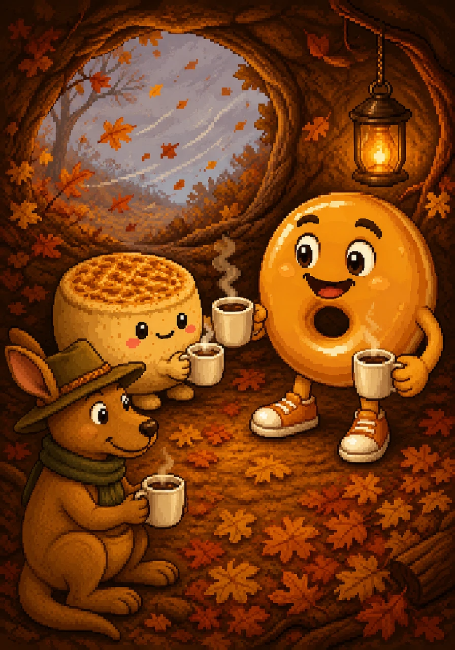 Seeking shelter from the swirling leaves, Chad the sunny donut smiles warmly and passes around steaming mugs of cocoa to keep everyone's spirits high and full of optimism.