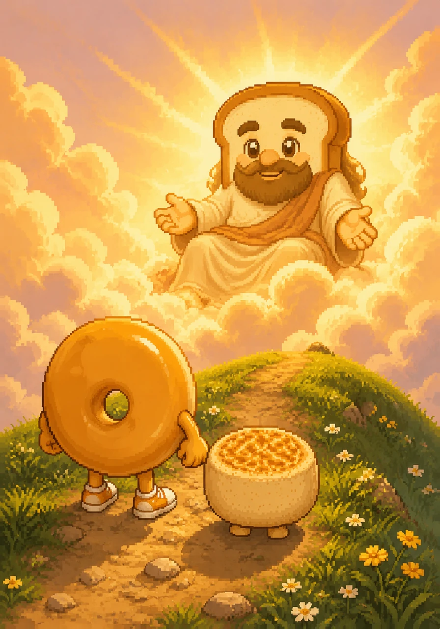 The friends hike up a gentle, grassy hill where the wind suddenly grows quiet, revealing a warm, radiant figure known as the Bread of Life sitting peacefully among the glowing clouds.
