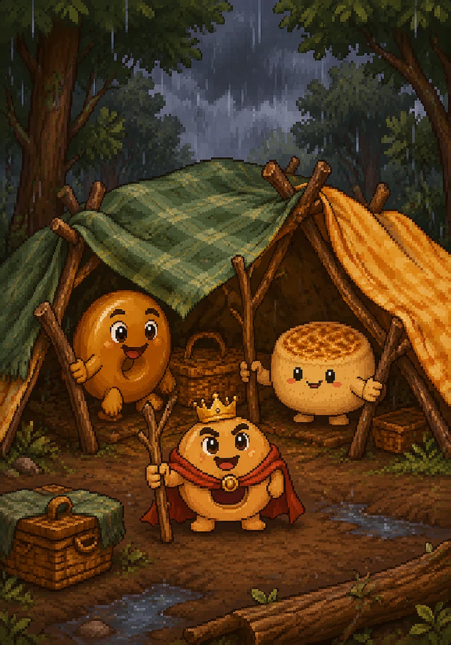 With Clarence leading them like a royal guard, the resourceful friends use large blankets, sturdy picnic baskets, and fallen tree branches to build a cozy, safe shelter from the rain.