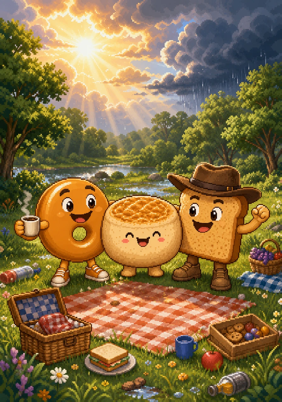 As the storm passes, a brilliant golden sunlight breaks through the clouds, illuminating a joyous celebration where the friends realize that sticking together made this their best and most memorable picnic ever.