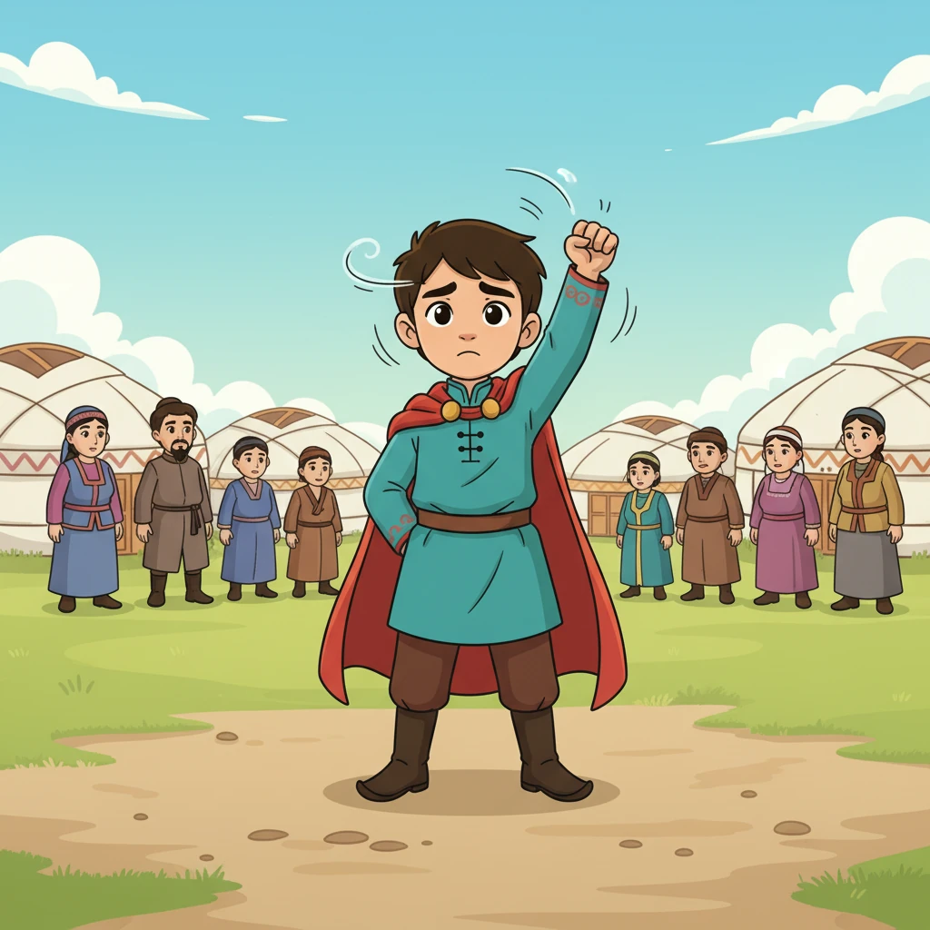 Әкесі аңшылықтан оралмаған соң, Ер Төстік ауылдың ортасында тұрып, әкесін құтқаруға ант етеді. Оның жүзінде қайғы мен батылдық араласқан. Артқы фонда ауыл тұрғындары оны таңдана қарап тұр.