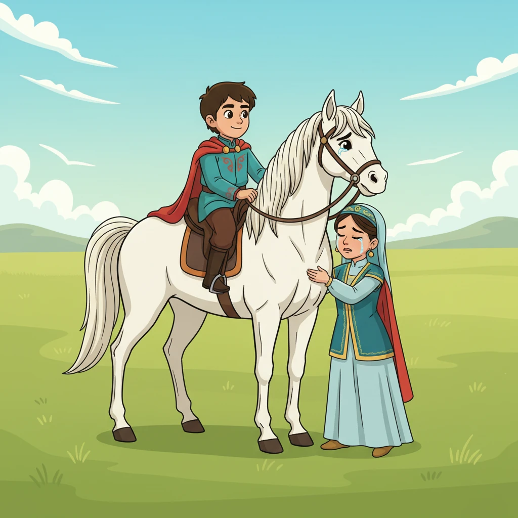 Анасы көзіне жас алып, Ер Төстікті құшақтап тұр. Төстік Тайбурыл атқа мінген, оның жүзінде шешімділік. Олар алыс сапарға аттануға дайын.