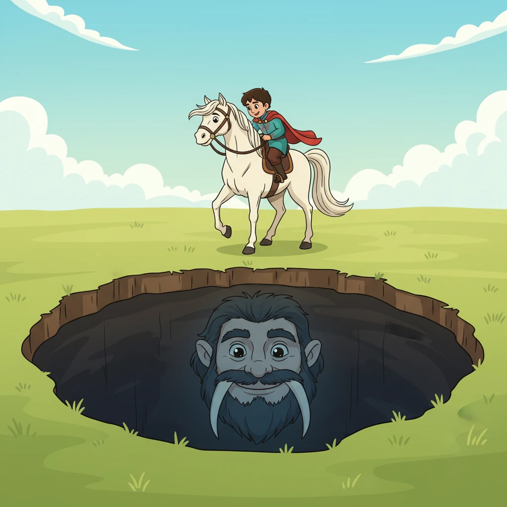 Ер Төстік Тайбурылмен бірге кең даланың ортасындағы алып шұңқырдың алдында тұр. Бұл шұңқыр Жер мен Көктің тоғысқан жерінде орналасқандай, өте терең және жұмбақ көрінеді. Шұңқырдың аузында алып Шойынқұлақ бейнесі көрінеді, ол Төстікке көмектесуге дайын.