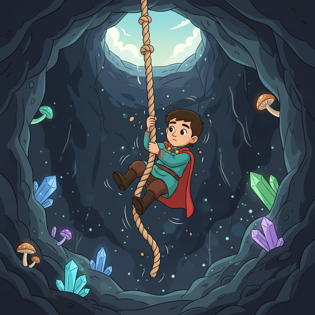 Ер Төстік арқанмен Жер асты патшалығына түсіп барады. Қараңғы, бірақ ғажайып әлемнің алғашқы белгілері көрінеді. Оның жүзінде қызығушылық пен аздаған қорқыныш бар.