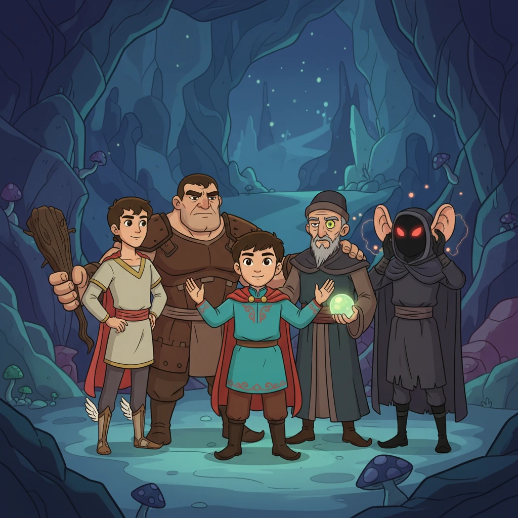 Жер асты әлемінде Ер Төстік өзінің жаңа серіктерімен кездеседі: Желаяқ, Таусоғар, Келімбет, Көрқызар және Саққұлақ. Олар бірге тұрып, бір-біріне қолдау көрсетіп тұр. Артқы фонда Жер асты патшалығының біртүрлі көрінісі бар.