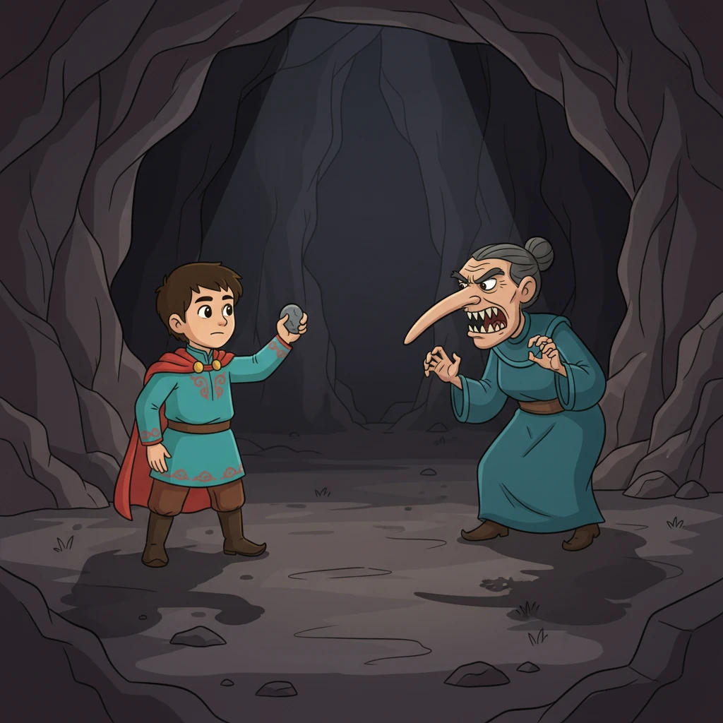 Ер Төстік мыстан кемпір Шойынқұлақпен бетпе-бет тұр. Шойынқұлақтың темір мұрны мен темір тістері бар, ол қорқынышты көрінеді. Олар бір-біріне қарама-қарсы тұрып, шайқасқа дайындалып жатыр.