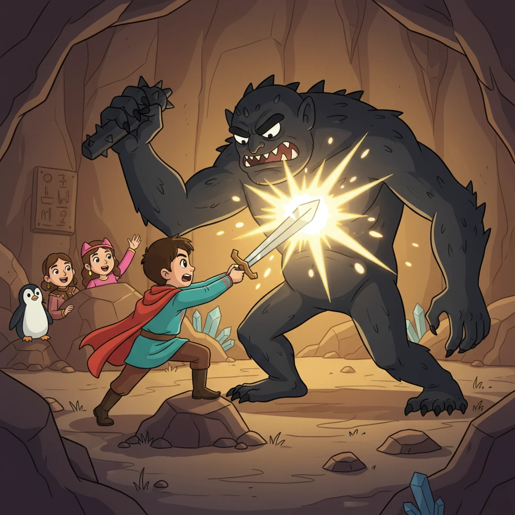 Ер Төстік Тайбурылдың көмегімен Шойынқұлақты жеңіп жатыр. Төстік қылышын Шойынқұлақтың жүрегіне қадап тұр. Артқы фонда Жер асты патшалығына жарық қайта оралып жатыр.